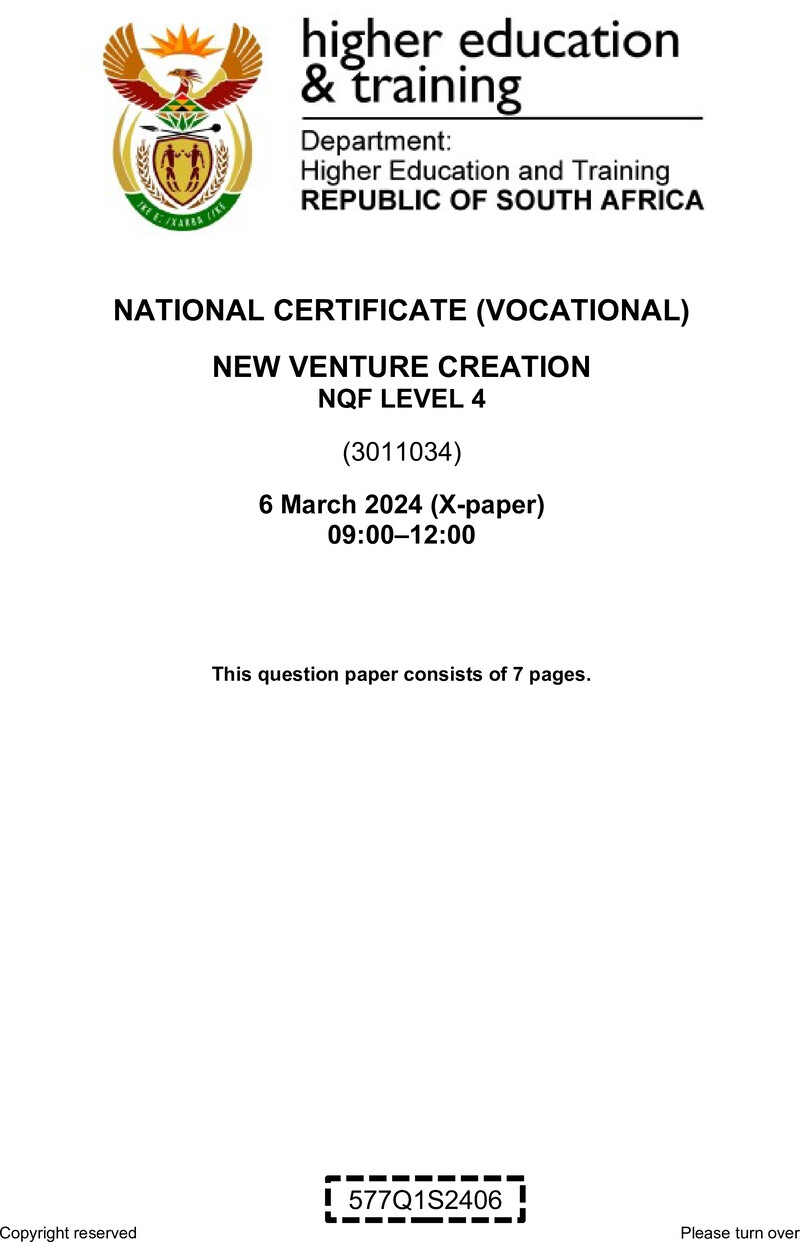 New Venture Creation Level 4 DHET NCV March 2024 Paper X - Question Paper