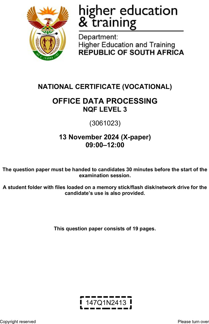 Office Data Processing Level 3 DHET NCV November 2024 Paper X - Question Paper