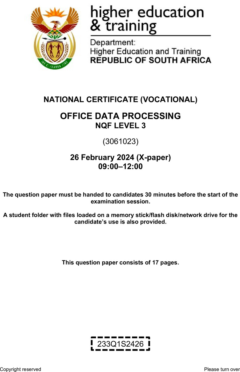 Office Data Processing Level 3 DHET NCV February 2024 Paper X - Question Paper