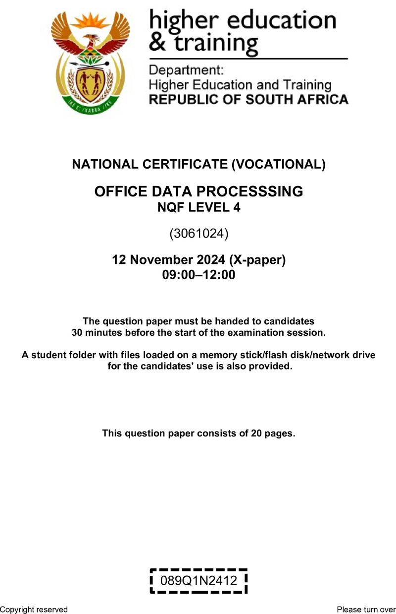 Office Data Processing Level 4 DHET NCV November 2024 Paper X - Question Paper
