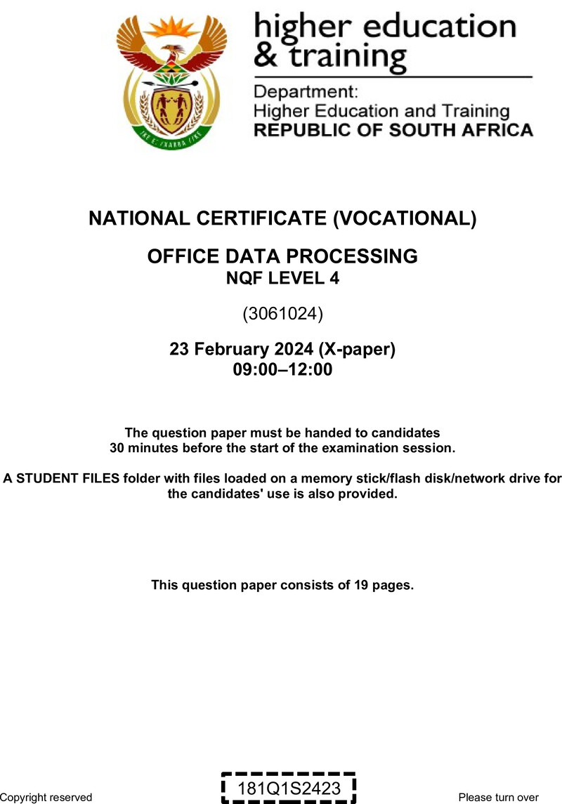 Office Data Processing Level 4 DHET NCV February 2024 Paper X - Question Paper