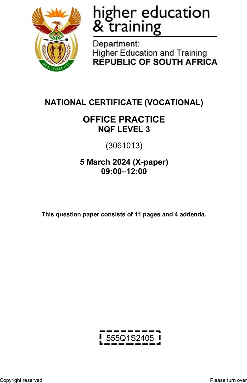Office Practice Level 3 DHET NCV March 2024 Paper X - Question Paper