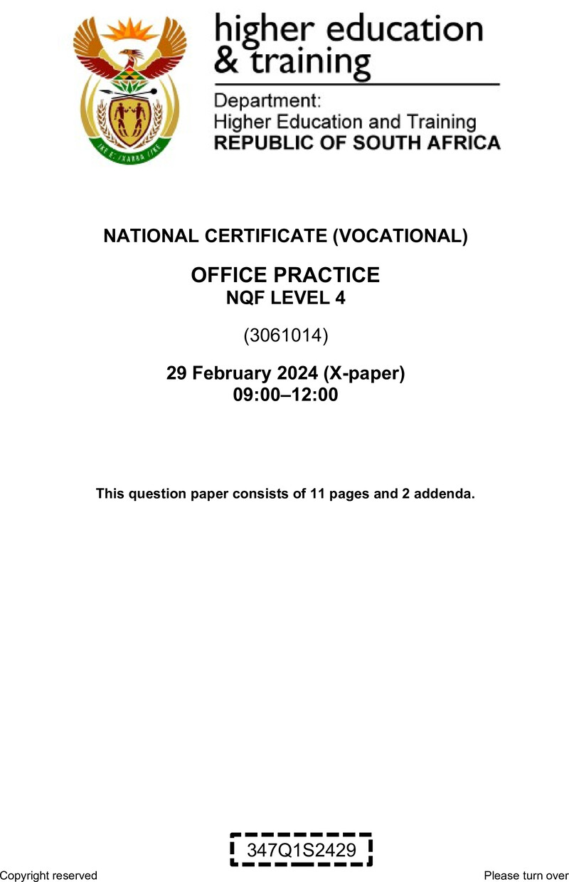 Office Practice Level 4 DHET NCV February 2024 Paper X - Question Paper