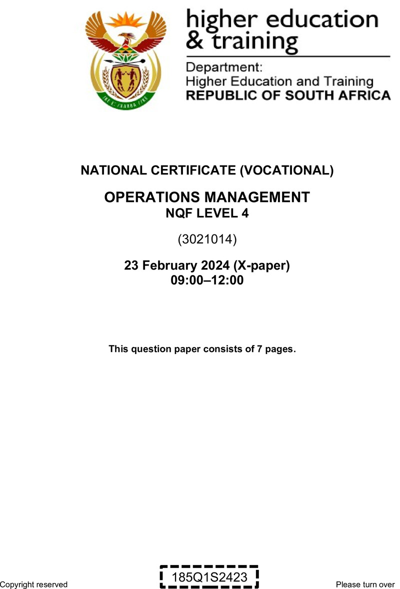 Operations Management Level 4 DHET NCV February 2024 Paper X - Question Paper
