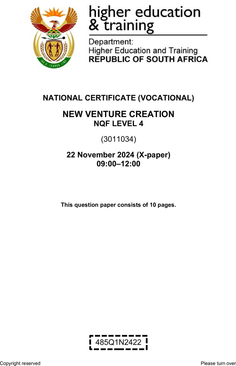 New Venture Creation Level 4 DHET NCV November 2024 Paper X - Question Paper