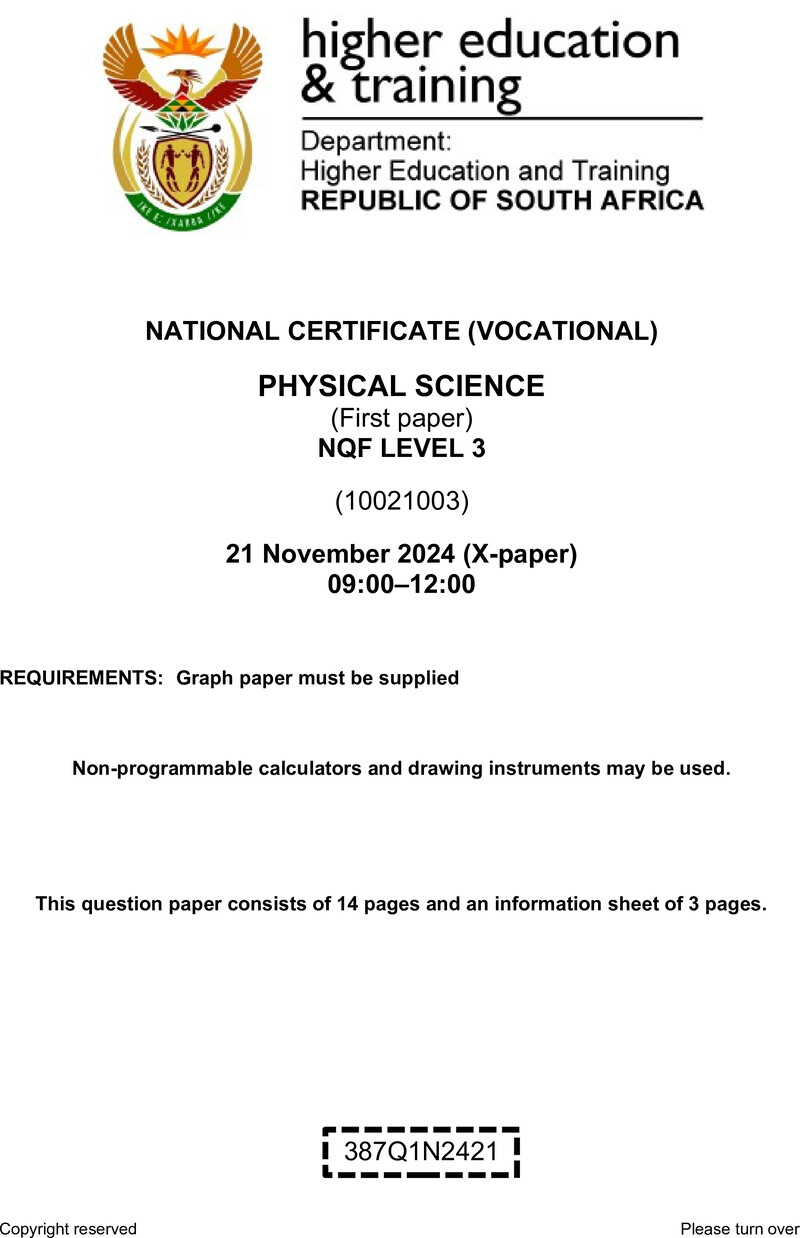 Physical Sciences Level 3 DHET NCV November 2024 Paper X - Question Paper