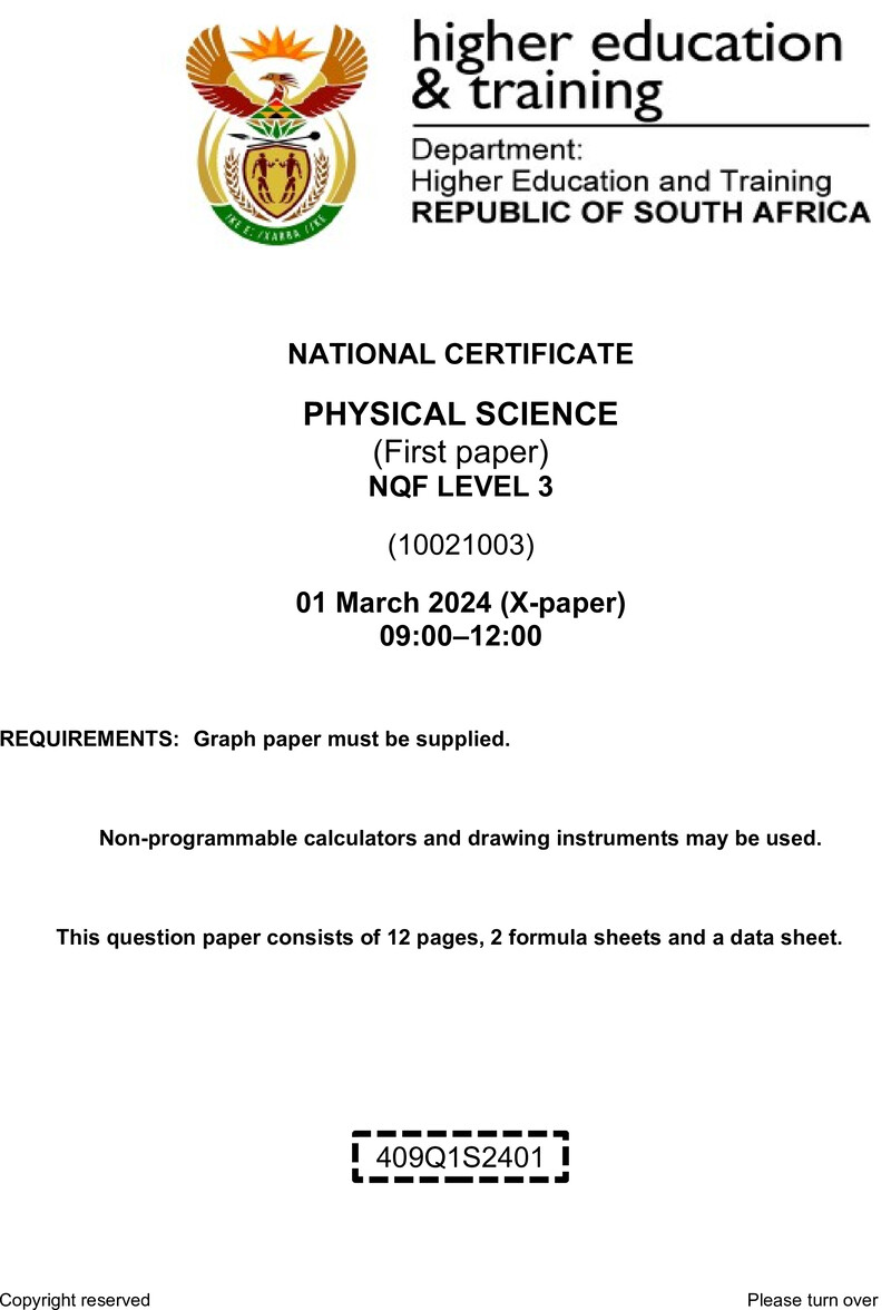 Physical Sciences Level 3 DHET NCV March 2024 Paper X - Question Paper
