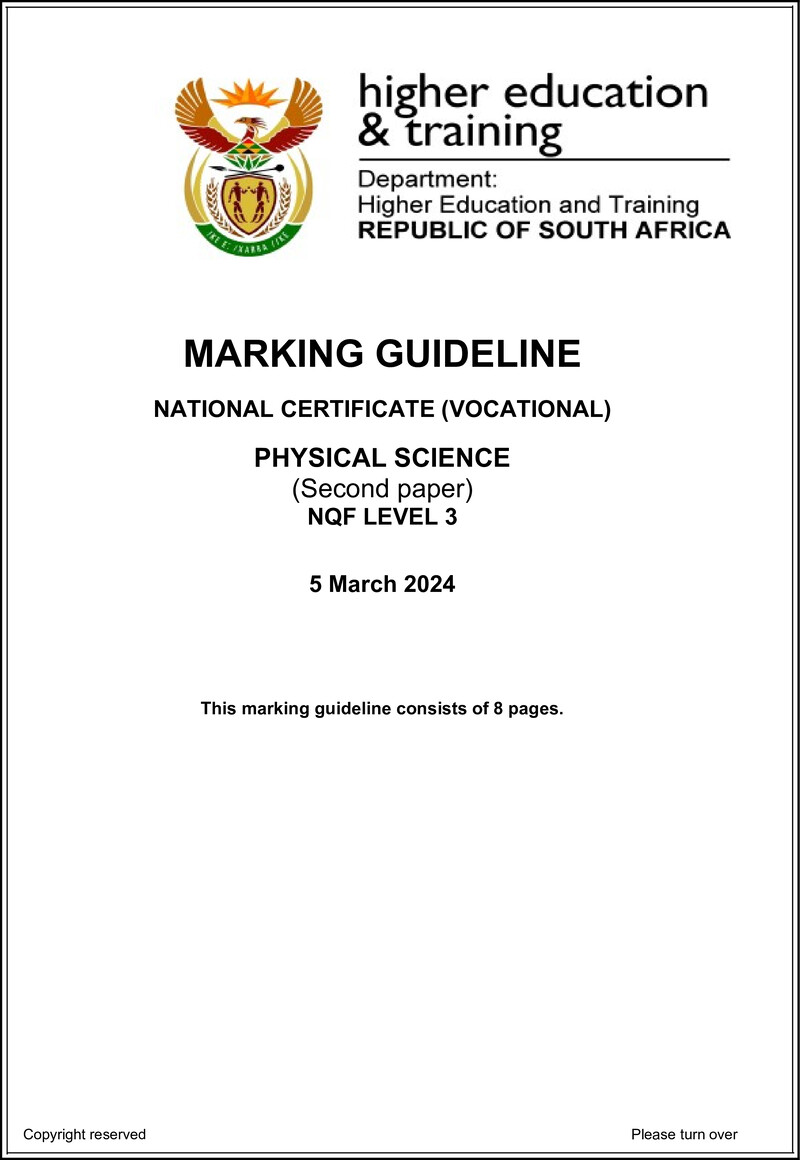 Physical Sciences Level 3 DHET NCV March 2024 - Memo
