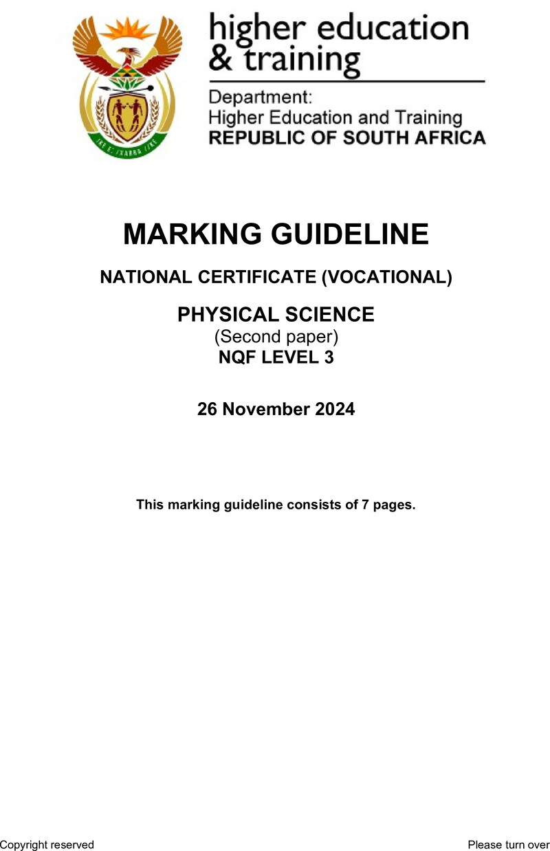 Physical Sciences Level 3 DHET NCV 2024 - Memo
