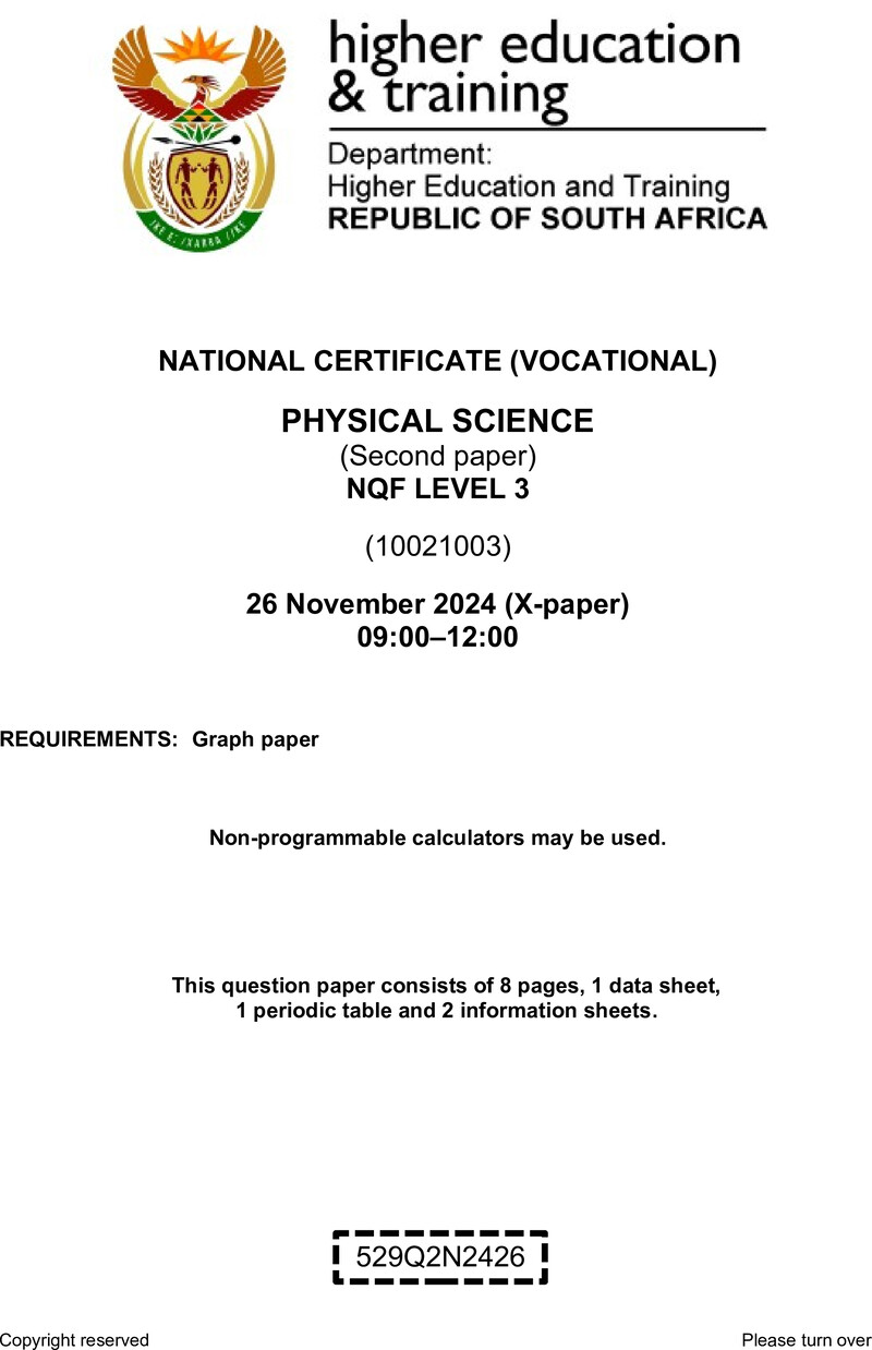 Physical Sciences Level 3 DHET NCV November 2024 Paper X - Question Paper