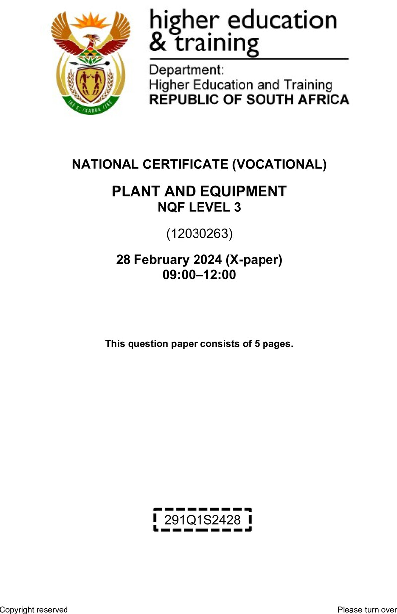 Plant and Equipment Level 3 DHET NCV February 2024 Paper X - Question Paper
