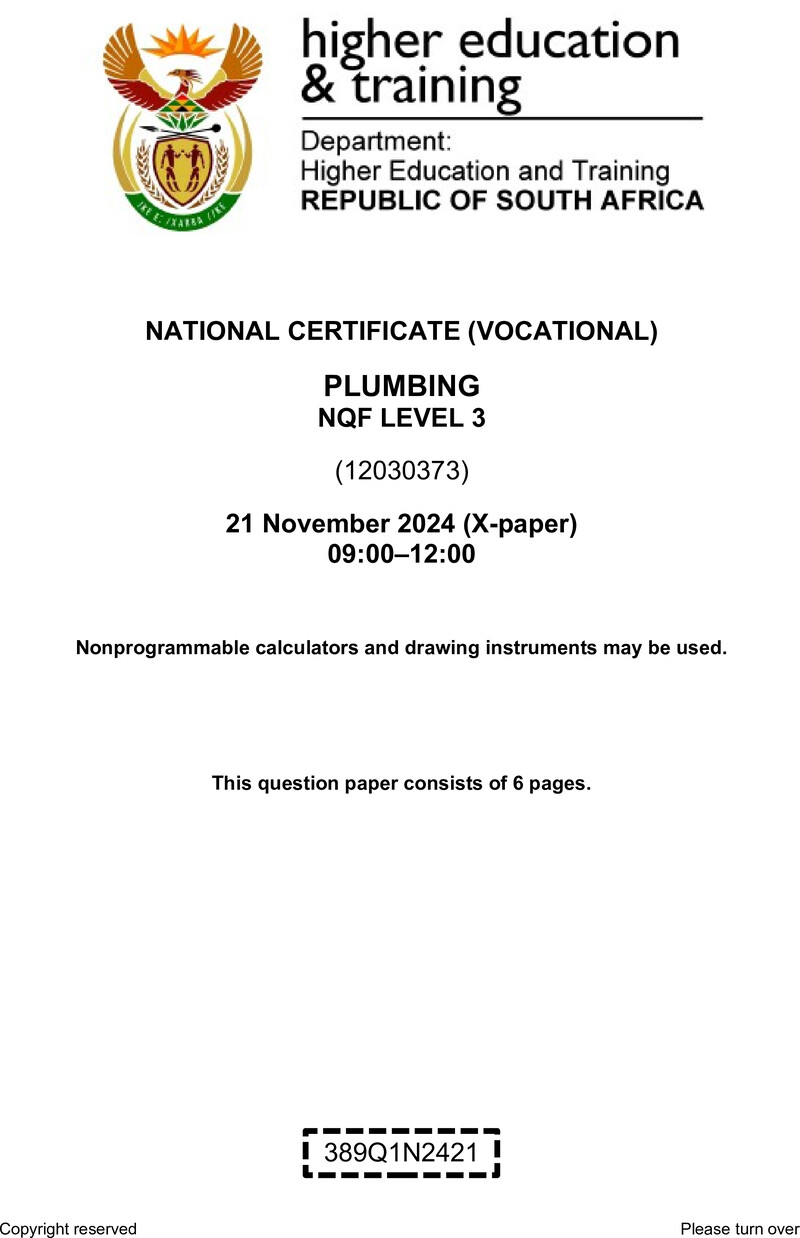 Plumbing Level 3 DHET NCV November 2024 Paper X - Question Paper