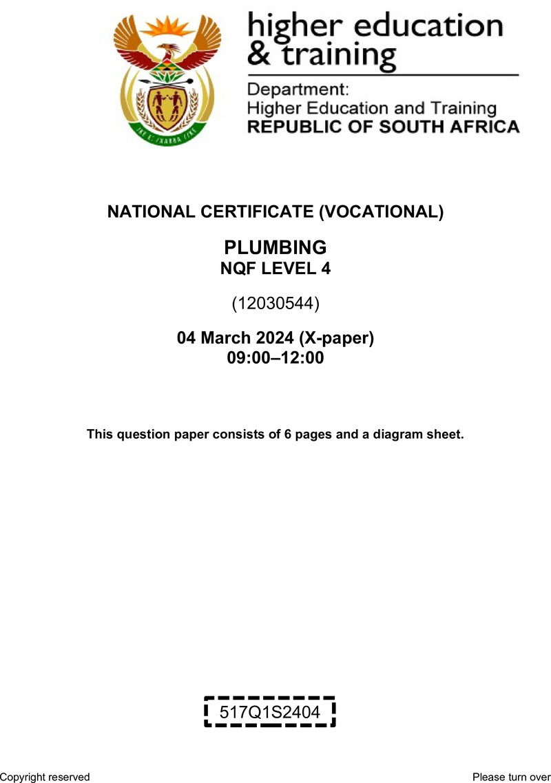 Plumbing Level 4 DHET NCV March 2024 Paper X - Question Paper