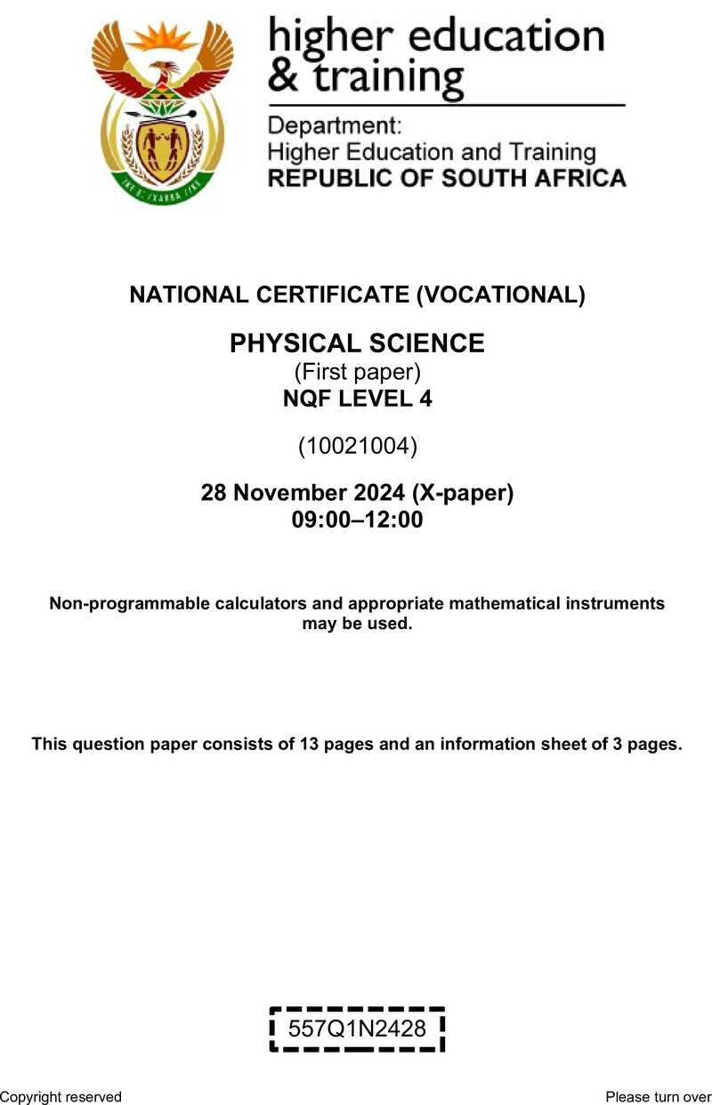 Physical Sciences Level 4 DHET NCV November 2024 Paper X - Question Paper