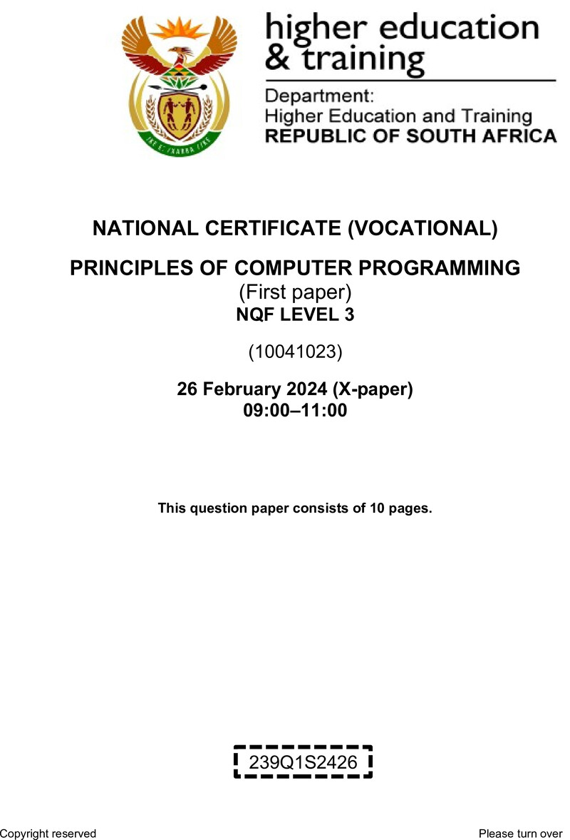 Principles of Computer Programming Level 3 DHET NCV February 2024 Paper X - Question Paper