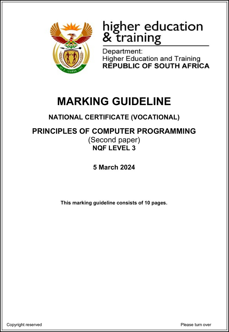 Principles of Computer Programming Level 3 DHET NCV March 2024 - Memo