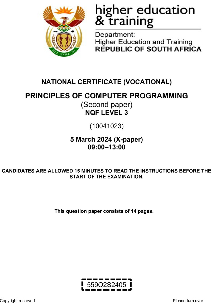 Principles of Computer Programming Level 3 DHET NCV March 2024 Paper X - Question Paper
