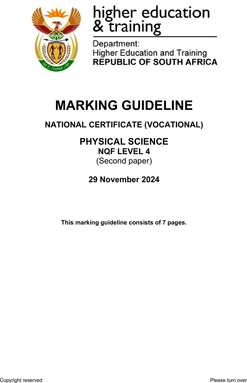 Physical Sciences Level 4 DHET NCV November 2024 - Memo