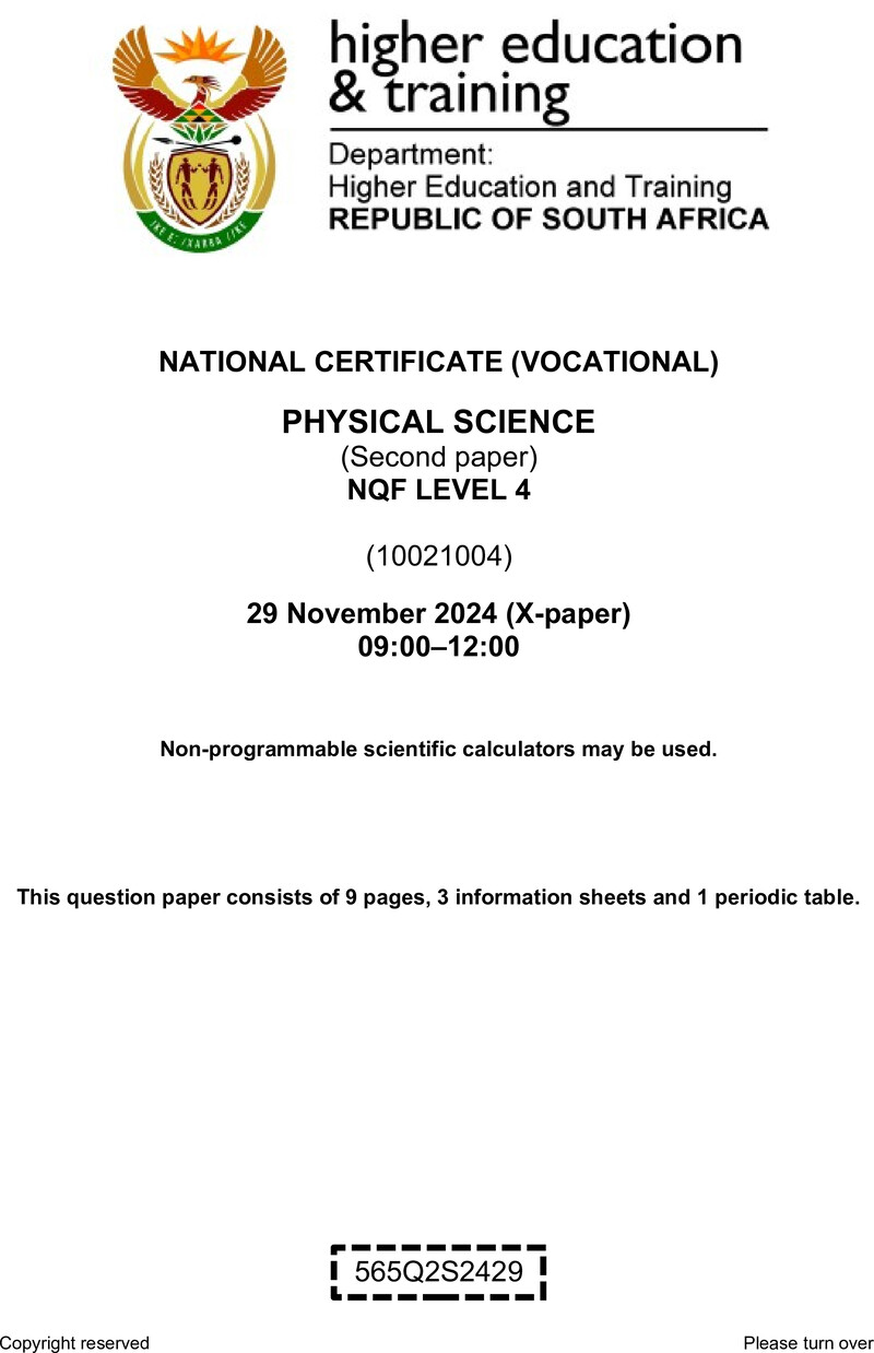 Physical Sciences Level 4 DHET NCV November 2024 Paper X - Question Paper