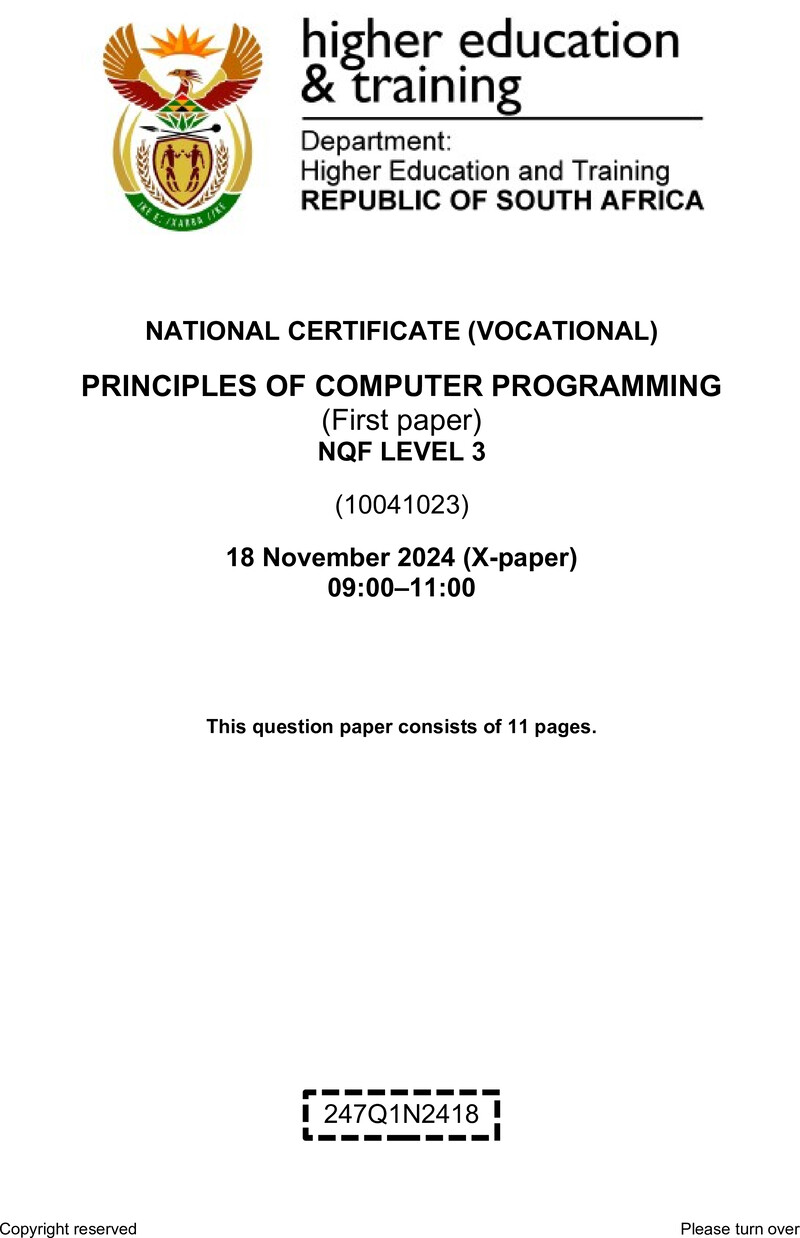 Principles of Computer Programming Level 3 DHET NCV November 2024 Paper X - Question Paper