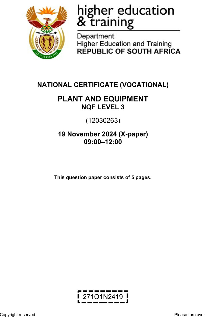 Plant and Equipment Level 3 DHET NCV November 2024 Paper X - Question Paper