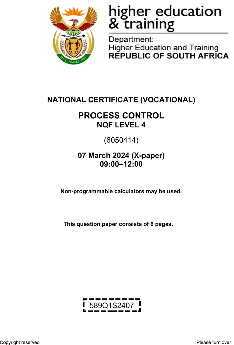 Process Control Level 4 DHET NCV March 2024 Paper X - Question Paper