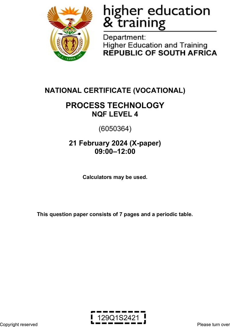 Process Technology Level 4 DHET NCV February 2024 Paper X - Question Paper