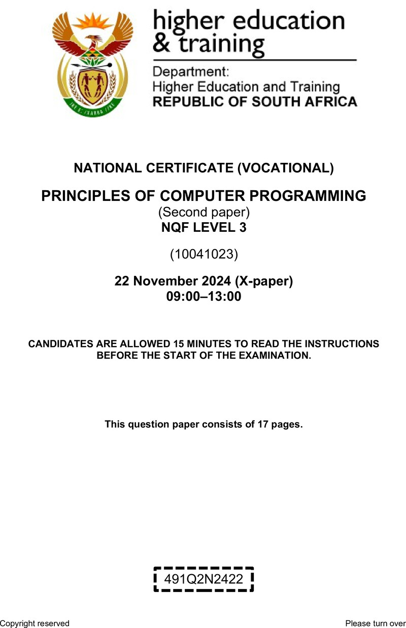 Principles of Computer Programming Level 3 DHET NCV November 2024 Paper X - Question Paper