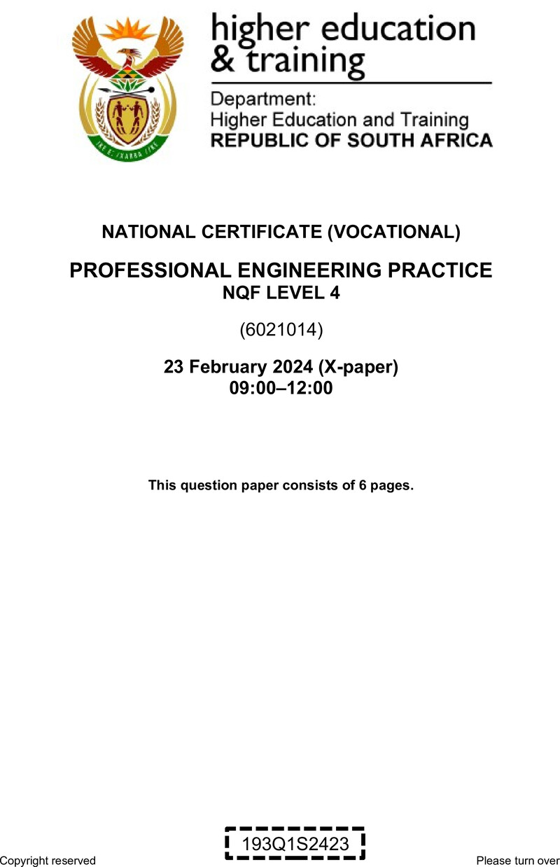 Professional Engineering Practice Level 4 DHET NCV February 2024 Paper X - Question Paper