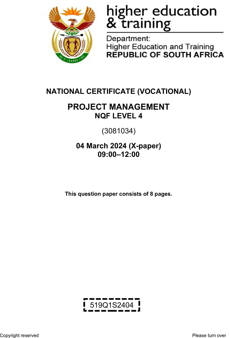 Project Management Level 4 DHET NCV March 2024 Paper X - Question Paper