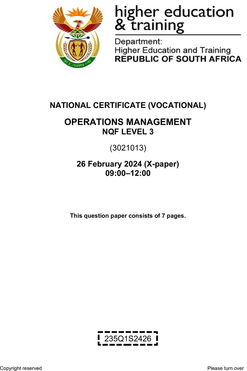 Operations Management Level 3 DHET NCV February 2024 Paper X - Question Paper