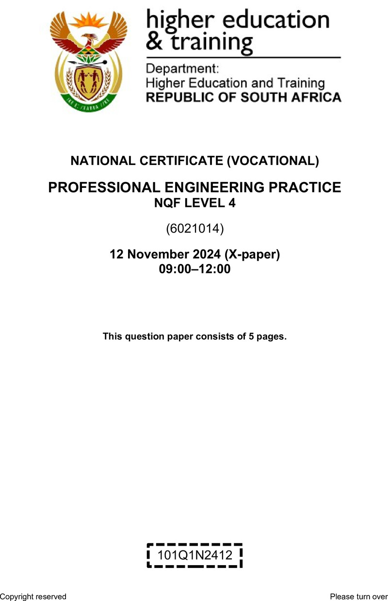 Professional Engineering Practice Level 4 DHET NCV November 2024 Paper X - Question Paper