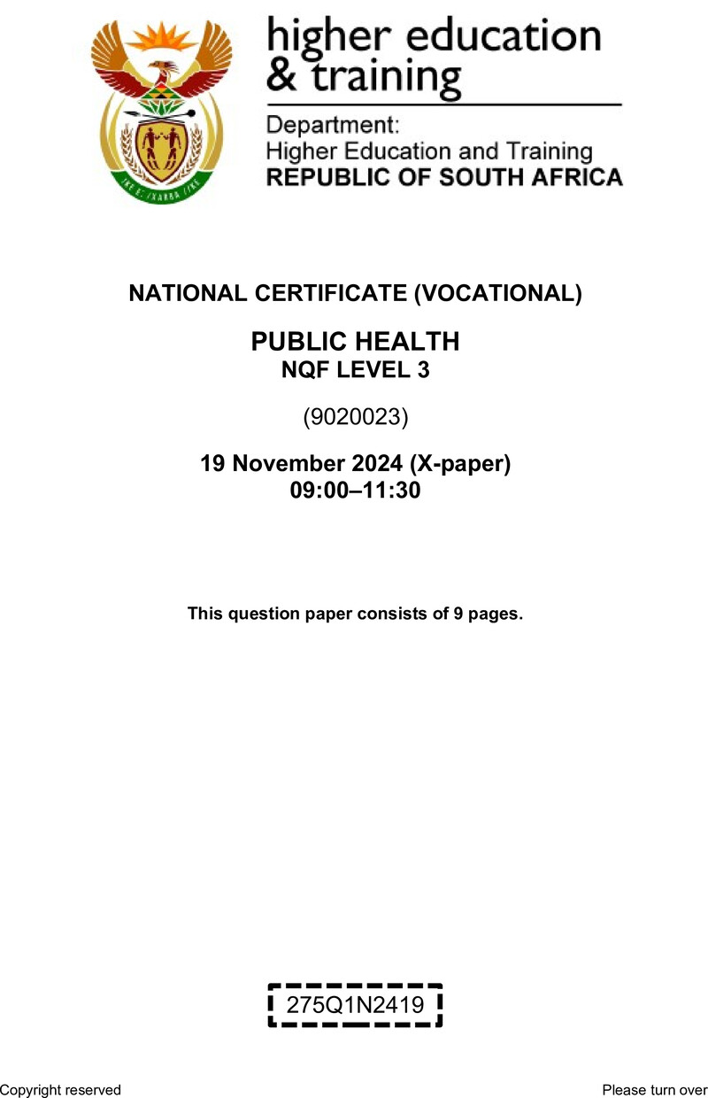 Public Health Level 3 DHET NCV November 2024 Paper X - Question Paper