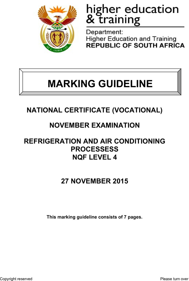 Refrigeration and Air Conditioning Processes Level 4 DHET NCV November 2015 - Memo