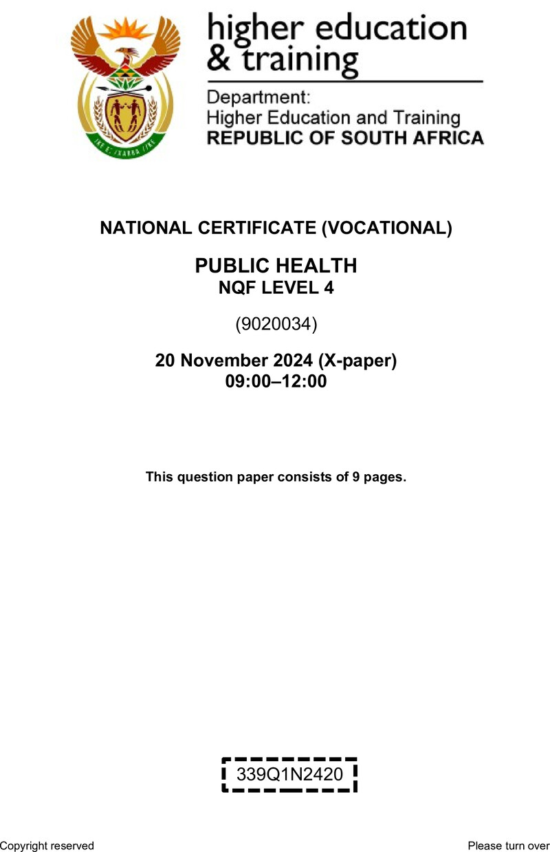 Public Health Level 4 DHET NCV November 2024 Paper X - Question Paper