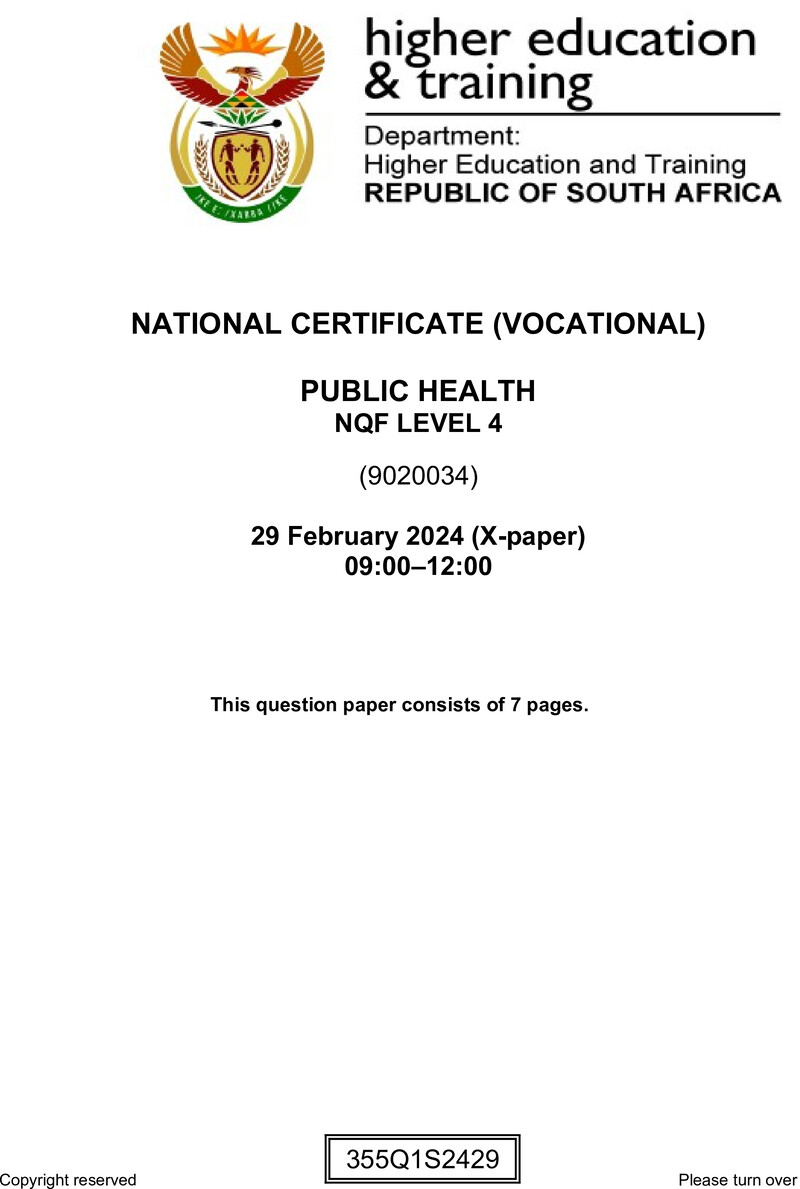 Public Health Level 4 DHET NCV February 2024 Paper X - Question Paper