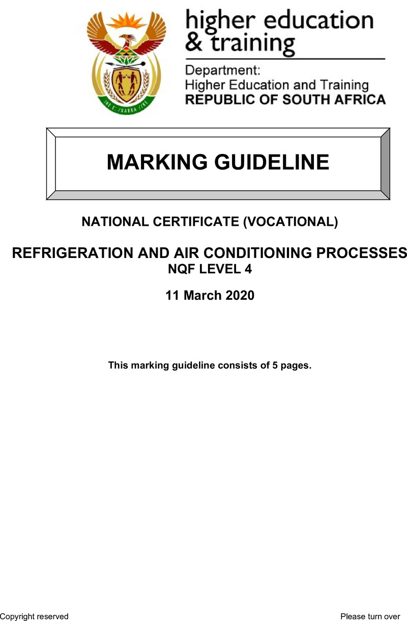Refrigeration and Air Conditioning Processes Level 4 DHET NCV March 2020 - Memo