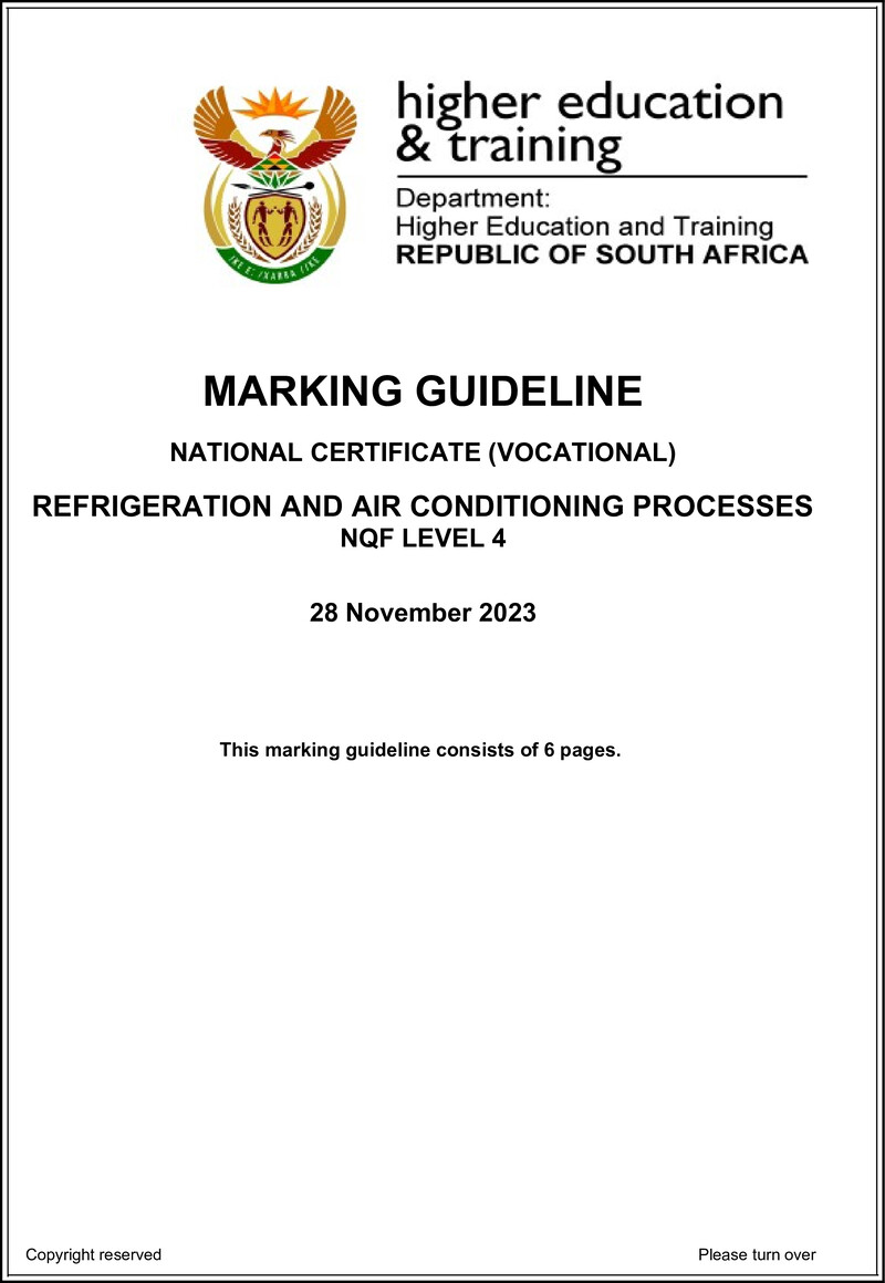 Refrigeration and Air Conditioning Processes Level 4 DHET NCV 2023 - Memo