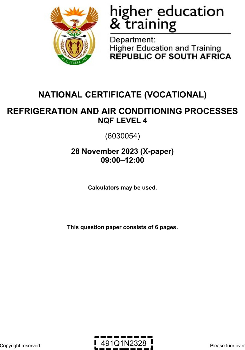 Refrigeration and Air Conditioning Processes Level 4 DHET NCV November 2023 Paper X - Question Paper