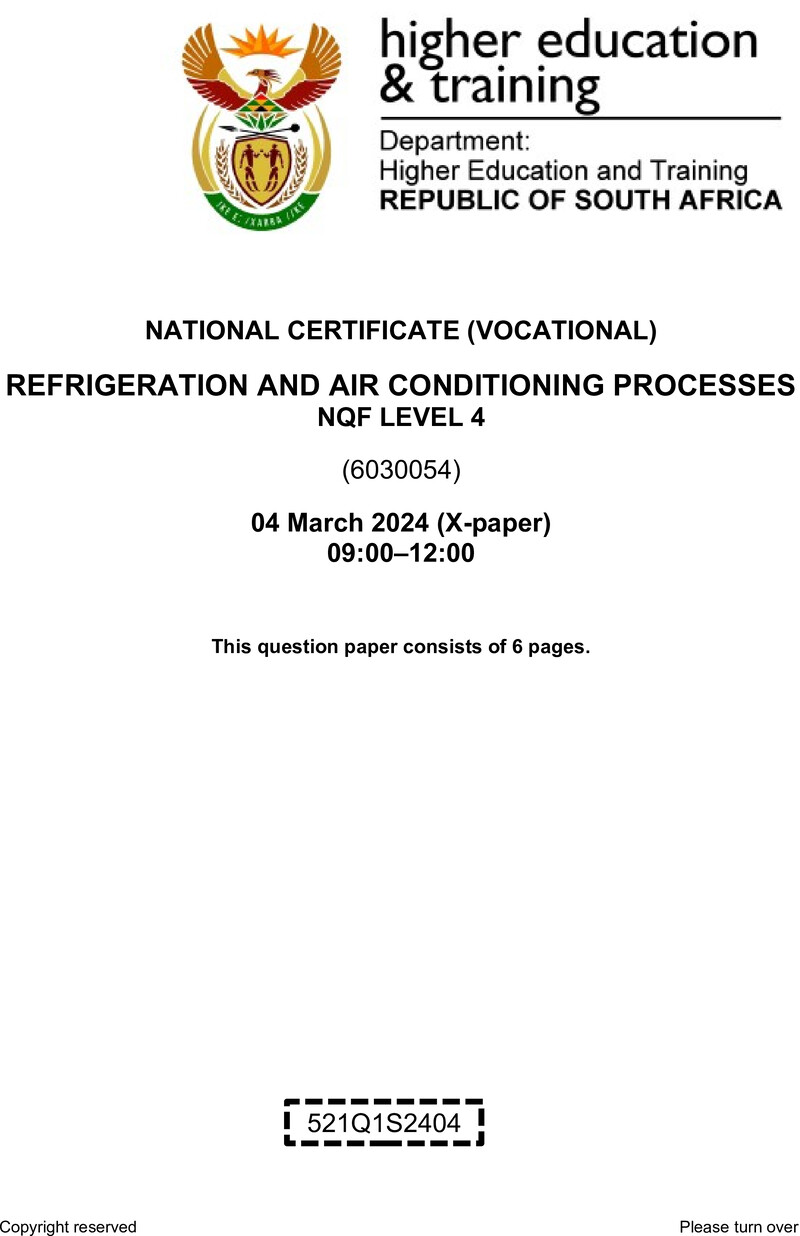 Refrigeration and Air Conditioning Processes Level 4 DHET NCV March 2024 Paper X - Question Paper