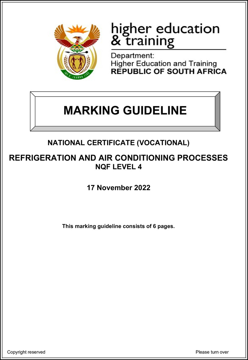 Refrigeration and Air Conditioning Processes Level 4 DHET NCV 2022 - Memo