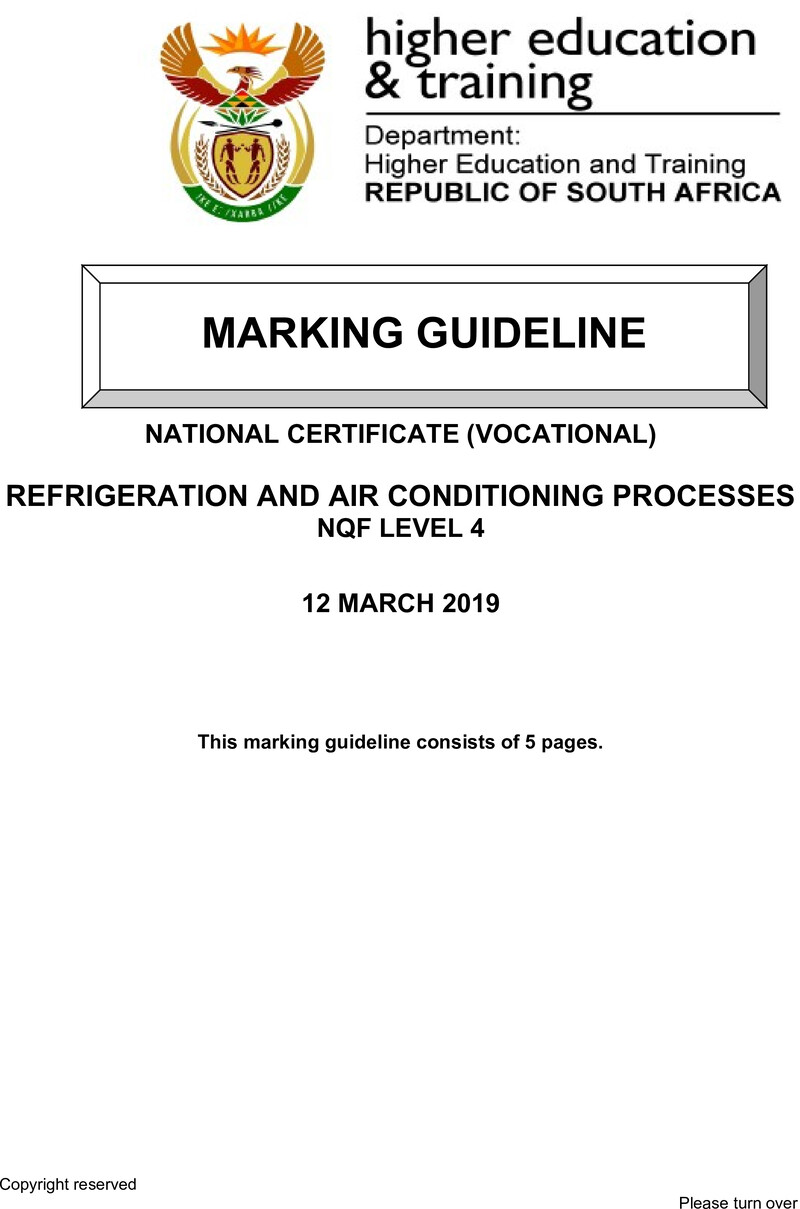 Refrigeration and Air Conditioning Processes Level 4 DHET NCV March 2019 - Memo