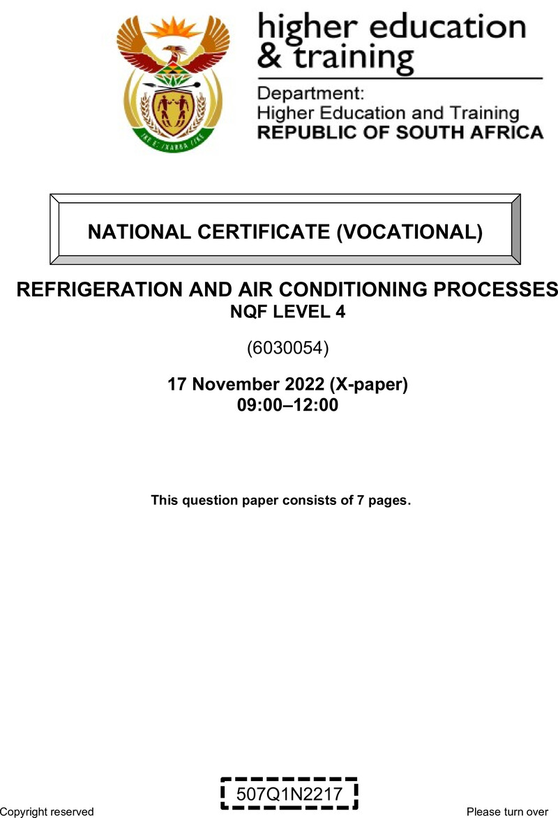 Refrigeration and Air Conditioning Processes Level 4 DHET NCV November 2022 Paper X - Question Paper
