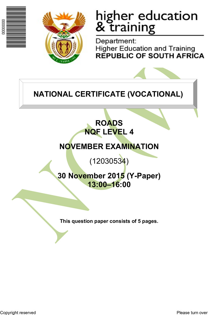 Roads Level 4 DHET NCV November 2015 Paper Y - Question Paper