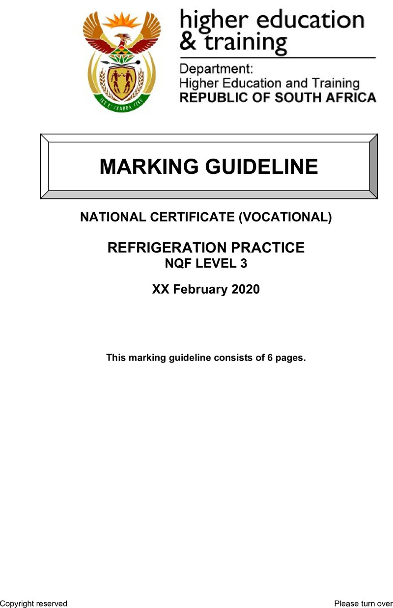 Refrigeration Practice Level 3 DHET NCV February 2020 - Memo