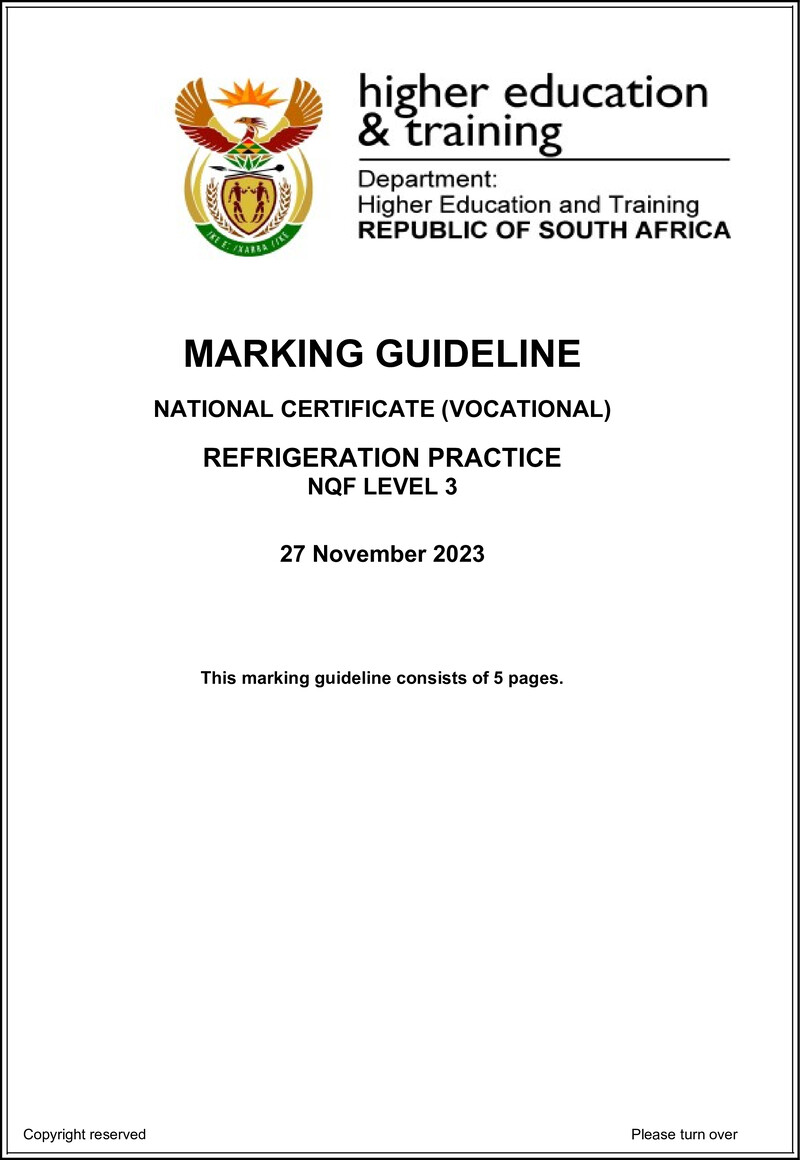 Refrigeration Practice Level 3 DHET NCV 2023 - Memo