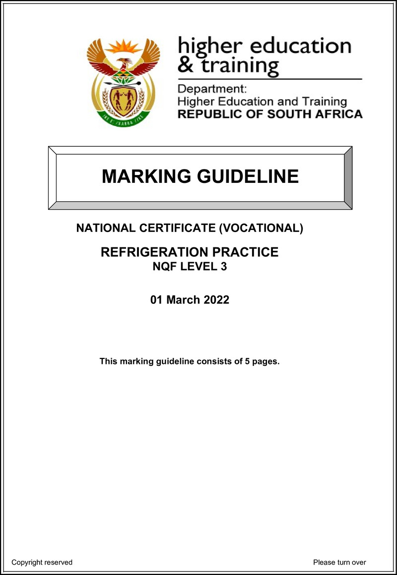Refrigeration Practice Level 3 DHET NCV March 2022 - Memo