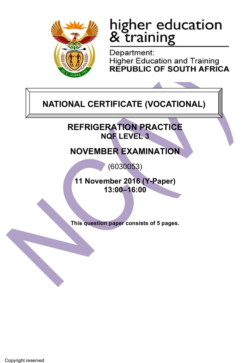 Refrigeration Practice Level 3 DHET NCV November 2016 Paper Y - Question Paper