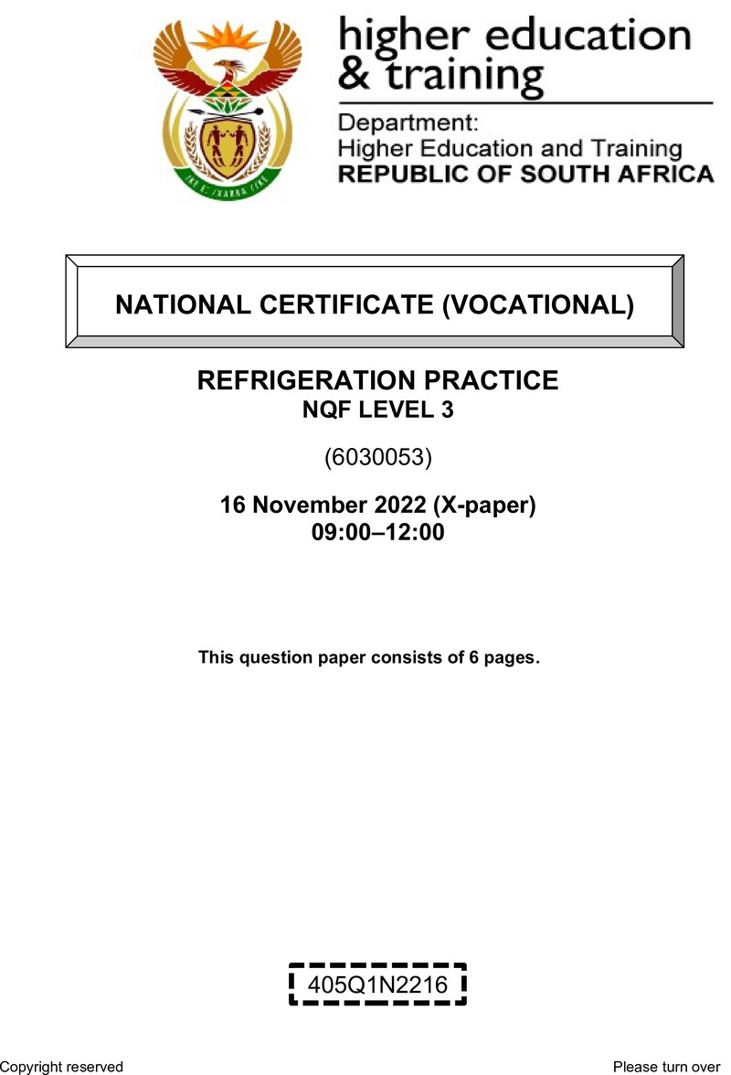 Refrigeration Practice Level 3 DHET NCV November 2022 Paper X - Question Paper