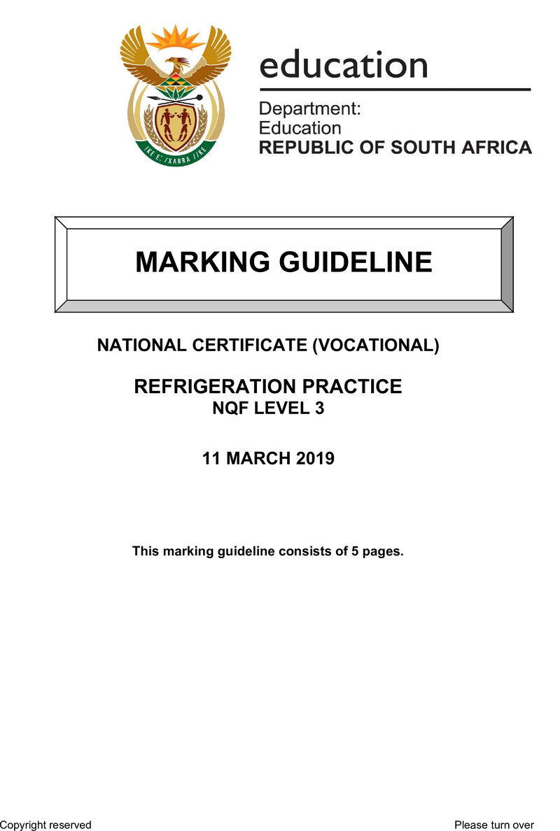 Refrigeration Practice Level 3 DHET NCV March 2019 - Memo